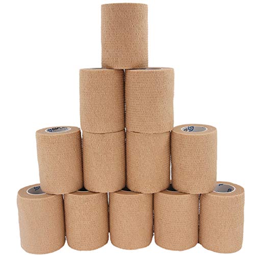 Self Adhesive Wrap Cohesive Bandages 12 Count 3" x 5 Yards, Medical Tape, Adhesive Flexible Breathable First Aid Non Woven Rolls, Stretch Athletic, Ankle Sprains & Swelling, Sports - color: Beige, size: 12 Count (Pack of 1)
