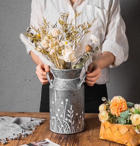 Vintage Galvanized Metal Milk Can, Farmhouse Rustic Flower Pitcher Vase, Decorative Floral Milk Jug Vase for Home Décor, 10.8’’H - color: Floral Milk Can