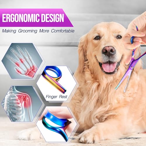 Gimars Dog Grooming Scissors Kit Professional 4CR with Safety Round Tip, 5 in 1 Heavy Duty Titanium Coated Thinning & Curved & Straight Shears - style: Purple 5 in 1