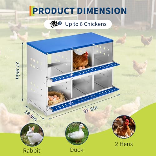 50.39" Metal Chicken Nesting Box, 4-Compartment Poultry Nest Box with Perch and Ventilation Holes, Blue Roof Hen Laying Box for Up to 8 Chickens - color: Blue A, size: 37.8"L x 18.9"W x 28.0"H