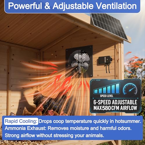 10-Inch 15W Solar Fan with Timer & Remote, Reversible Intake Exhaust Vent System for Chicken Coop, Greenhouse & Shed, Aluminum 6-Speed Airflow with 17ft Cable