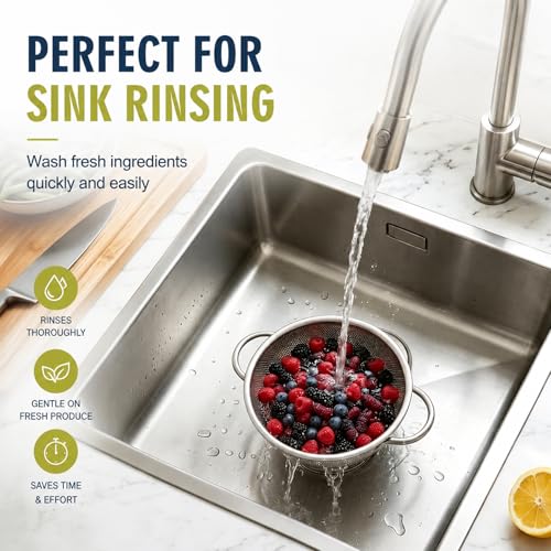 Palksky Small Colander Set of 2, 800 mL / 0.85 Qt Stainless Steel Mini Colanders with Riveted Handles, Footed Base & Micro-Perforations, Berry Wash Bowl for Berries, Fruits, Vegetables & Pasta - color: Small Colander 2 PCS