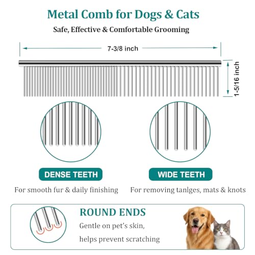 Dog Comb for Grooming, Metal Pet Comb for Cats & Dogs | 3-Pack Stainless Steel Dog Comb for Matted Hair, Grooming Tool for Removing Knots for Long & Short Haired Pet - 7.4 IN