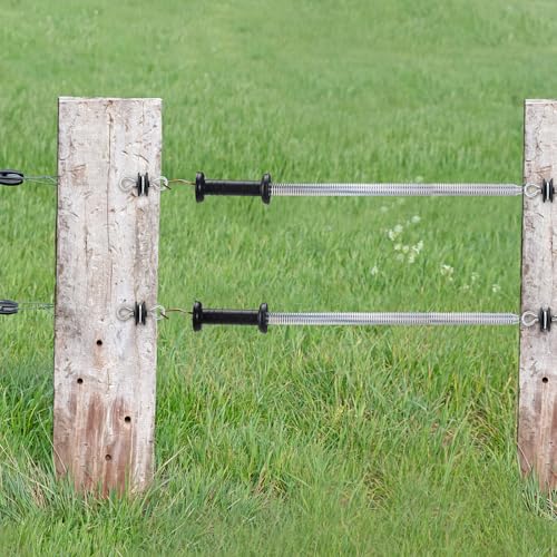 Hicarer 2 Set Electric Fence Gate Kit with Spring Handles & Screw-in Ring Insulators, 16ft Retractable Tension Spring for Farm, Ranch, Garden, Heavy Duty Black Electric Fencing Accessories for Safety