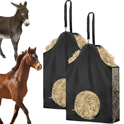 Hay Bags for Horses – 600D Oxford Hay Bag with Adjustable Strap & Metal Ring, Hanging Hay Feeder for Goats, Sheep, Donkeys, and Cows, Black (2-Pack)