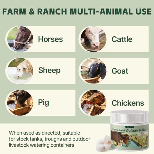 Stock Tank Defense Tablets for Livestock Water Troughs, Helps Reduce Feed Residue, Surface Film and Visible Buildup for Horses, Cattle, Goats, Sheep and Chickens, Easy & Animal-Safe Care, 300 Count