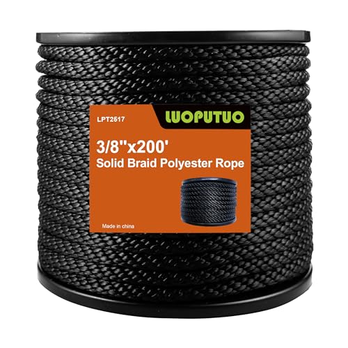 3/8 Inch × 200 FT Black Polyester Solid Braid Rope – UV & Abrasion Resistant, Low Stretch, Multipurpose for Flagpole Halyard, Clothesline, Camping, and Utility Tasks - size: 3/8 In×200 FT