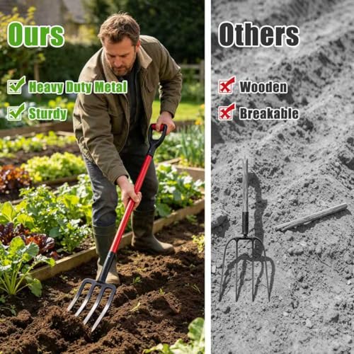 Pitch Fork for Hay, Heavy Duty Pitchfork for Garden, Metal Broadfork Yard Garden Tools Long Handle for Gardening Digging, Mulching 43 inch