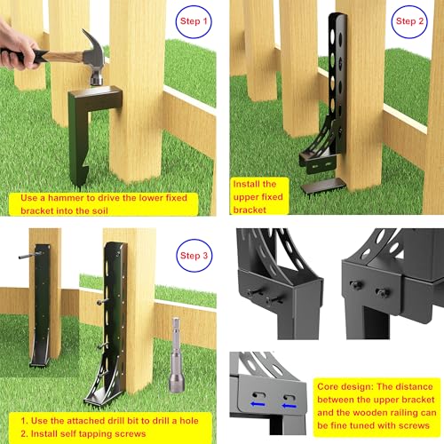 Eurydice Adjustable Heavy Duty Fence Post Repair Kit for 4x4 & 6x6 Posts | Quick fix broken & leaning fence post repair kit with thickened steel post base, anchor, fence repair stakes & post support