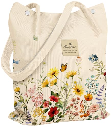 Miss Adola Corduroy Tote Bag for Women with Aesthetic Design | Magnetic Buckle & Pocket, Reusable, Soft, Roomy, Long Shoulder Handles, Double-sided Print, Casual Daily Work, Grocery Bags - color: New Vintage Flower, size: Large