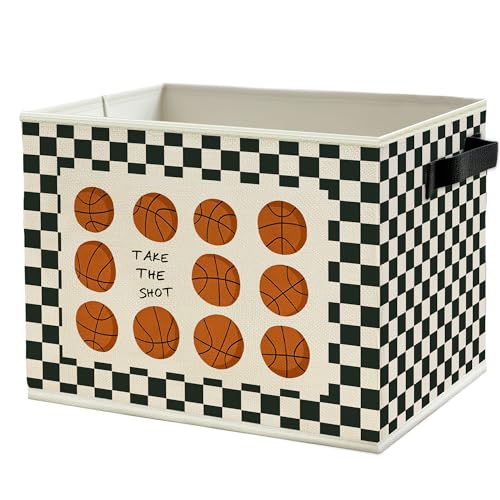 Vintage Basketball Nursery Storage Bins Box with Handles, Black and White Checkered Basketball Sports Collapsible Basket Organizer for Kids Boys Bedroom Playroom Bathroom Books Clothes - color: Color21