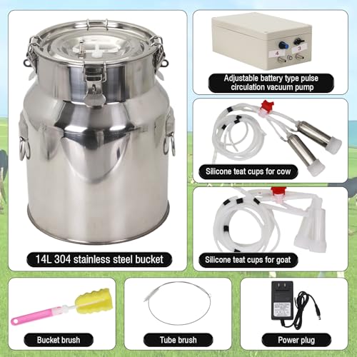 2-in-1 Goats and Cows Milking Machine Upgrade 3.7Gal/14L | Electric Adjustable Vacuum Pulsation Milker, 5200mAh Battery Built-in Rechargeable & Stainless Steel Bucket & 4 Cups (14L) - size: 14L