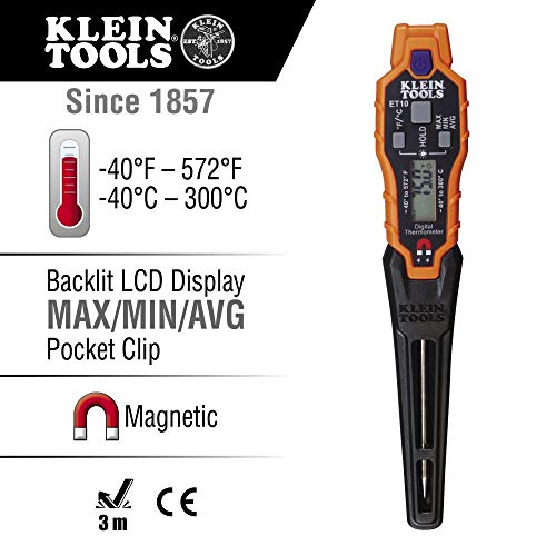 Klein Tools IR07 Dual Infrared (IR) and Probe Pocket Size LCD Digital Thermometer & ET10 Magnetic Digital Pocket Thermometer
