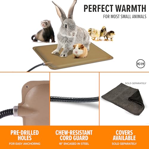 K&H Pet Products Small Animal Outdoor Heated Pad, Waterproof, Chew Resistant, Safety Listed, Indoor Outdoor Heater Warming Pad for Cat Houses, Rabbit Hutches, or Chick Brooders - 12 X 9in Tan 25W - size: Petite 12 X 9 Inches