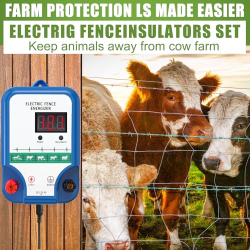Electric Fence Kit, 8 Mile 12kV 2J Electric Fence Charger AC/DC Powered with 50 Insulators, Socket Tool, 250ft Aluminum Wire for Livestock Control(LCD Display Ver.,Blue) - style: LCD Display Ver
