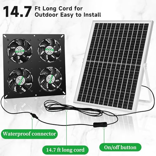 blessny Weatherproofed Solar 4 Fan Kit for Outside Intake or Exhaust air | 25W Solar Powered, 14.7 Ft Long Cord with IP65 Weatherproof Rate for Greenhouse, Chicken Coop & Shed Air Circulation - size: 4 Fan Kit