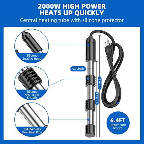 2000W Portable Immersion Water Heater, Made with 304 Stainless Steel and Safety Silicone Cover. Ideal for Bathtubs, Pools, Buckets, Livestock. Heats 5 Gallons of Water Quickly, Easy to Use