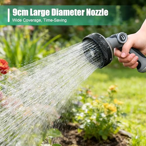 Garden Hose Nozzle, 8 Spray Patterns, 90mm Thumb Control | 8 Spray Patterns, Thumb Control, Zinc Alloy, 3/4" GHT, Universal Fit, Leak-proof - size: 5.24 x 7.58 x 3.94 inches