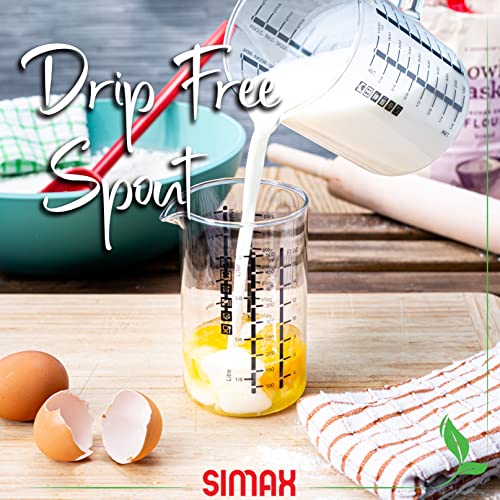 Simax Glass Measuring Cup, Durable Borosilicate Glass, Pack of 2 includes 32 oz and 16 oz Easy to Read Metric Measurements in Liter, Milliliter, Ounce, Sugar Grams, Drip Free Spout, Microwave Safe - size: 2-Pack: 32 Ounce and 16 Ounce