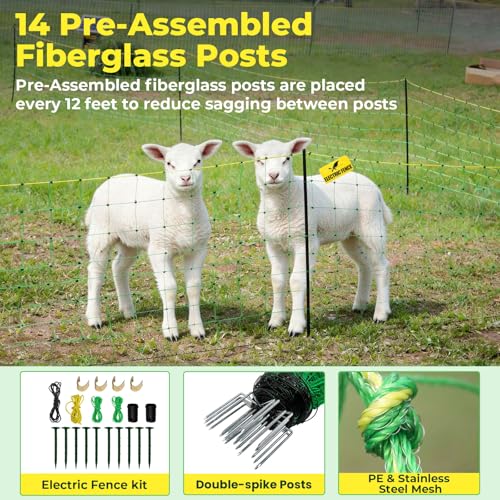 Electric Fence Netting, 164'L x 49.6" H, for Livestock, Goat, Cattle, Sheep | Portable Electric Fence, PE Net Fencing Kit for Backyards, Ranches, Farms, Patio, Goat Fencing with 14 Posts Double Spiked