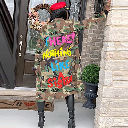 Vakkest Camo Blazer Jacket for Women Lapel Long Sleeve Open Front Cardigan Coat Classic Pockets Overcoat Outwear - color: Letter Sister, size: Small