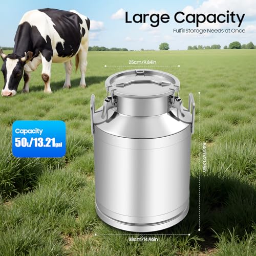50L/13.3 Gallon Stainless Steel Milk Can - Heavy Duty Milk Jug Bucket with Ergonomic Handle and Tight Lid, SS Liquid Solid Container, Non-Slip Base, Seamless Design, Simply Rinse for Clean - size: 50L/13.3 Gallon