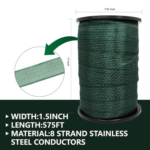 Portable Electric Fence Poly Tape 575feet Length,1-1/2inch Width,8 Strands of Stainless Steel Wire, 1 Spool - Dark Green - color: Dark Green, size: 1-1/2in x 575ft - 1 Spool