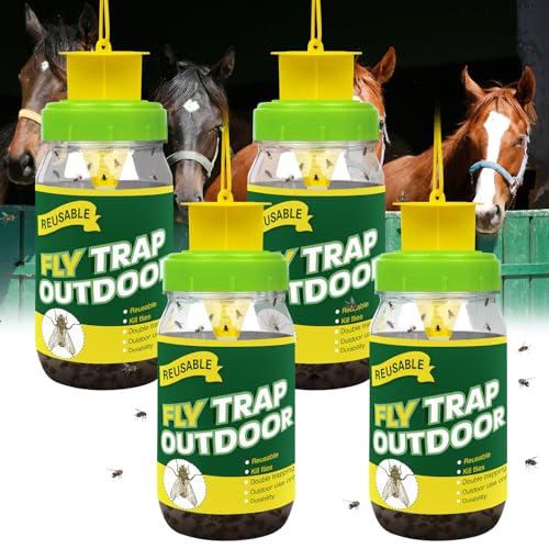 4 Fly Traps Outdoor for Patio with 4 Bait, Reusable Bug Catcher Bottle Jar | Flies Bug Insect Trap Control Outdoor Hanging for Outside Barns, Stable, Farm, Patio, with Natural Bait Refills Lure