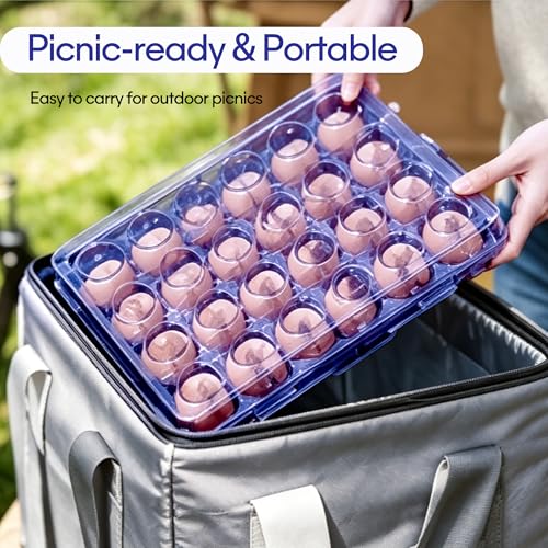 24 Grid Egg Storage Box for Refrigerator Kitchen Camping RV | Stackable BPA-Free Holder, Large Capacity Organizer Box With Lid, Portable Countertop Pantry Storage, Blue 1 Pack