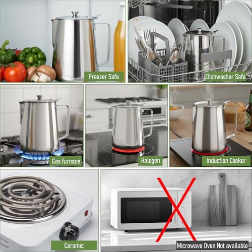 67 oz 304 Stainless Steel Pitcher with Lid | 2000 ml Large Metal Measuring Cup with Handle Dual Scale Markings Milk Frothing Jug for Iced Tea Hot Water Espresso Machines