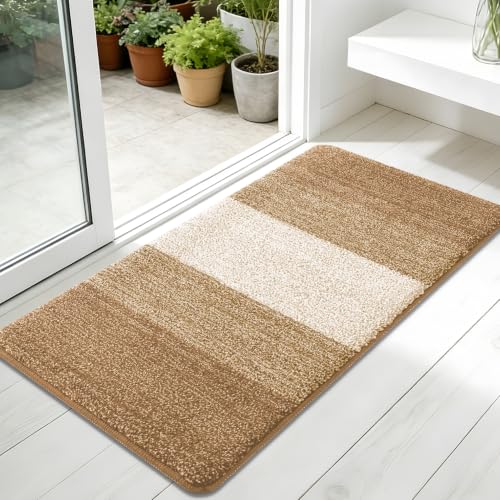 Kitinjoy Indoor Outdoor Door Mat, 45x27 Non-Slip Dirt Trapper Doormats | Camel Low-Profile Washable Inside Entrance Front Floor Mat, Sturdy Soft Entry Striped Doormats for Entryway - color: Camel, size: 45'' X 27''