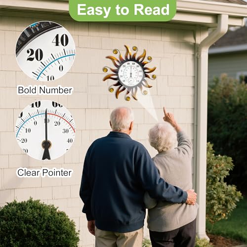 13" Sun Outdoor Thermometer Hygrometer, Metal Wall-Mounted Thermometer | Waterproof Decor for Patio, Garden, Garage & Indoor, Outdoor Thermometers Humidity Gauge, Easy-to-Read No Battery Needed Gift - color: Golden yellow, size: 13 INCH