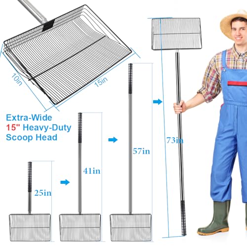 Kalekey Heavy Duty Chicken Poop Scooper, 15 Inch Extra Large Chicken Coop Rake with Adjustable Stainless Steel Handle (25 to 73 Inch) for Chicken Coop & Farm Cleaning Tools