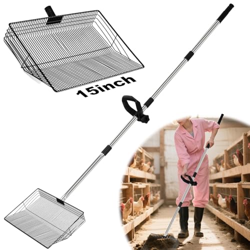 15" Large Chicken Coop Scooper for Sand - Heavy Duty Stainless Steel Poop Scooper with 38-64" Telescoping Handle - Adjustable Poultry Manure Rake & Sifter Shovel for Easy Cleaning