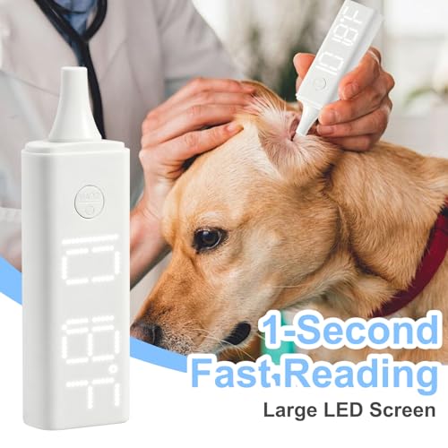 Pet Ear Thermometer, Non-Contact Infrared Temperature Measuring Device with Charging Base, Large Bright LED Screen Accurate Fast Reading Digital Thermometer for Dogs Cats Pets (White)