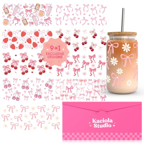 Kaciola 10 Sheets UV DTF Cup Wraps for 16 oz-Bow Theme UV DTF Stickers, 1 Sheet Mysterious Pattern Transfer, Rub on Transfers Stickers for 16 oz Libbey Glasses Crafting - style: Pink Bow