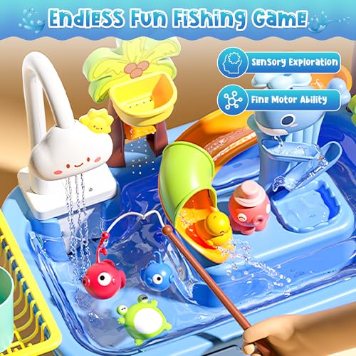 Upgraded Toddler Sand Water Table Toy with Electric Water Pump, Kids Sand Water with Faucet/Play Food Accessories/Fishing Toy, Kitchen Play Sink Toys for Girl Boy Age 3+ - color: Blue