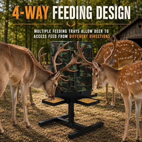 80 lbs Deer Feeder, Gravity Deer Feeder w/Adjustable Feed Outlet | 4 Feeding Tray, View Window, Weatherproof Camo Cover, Metal Deer Feeders for Woodland, Farm, Ranch & Hunting Grounds