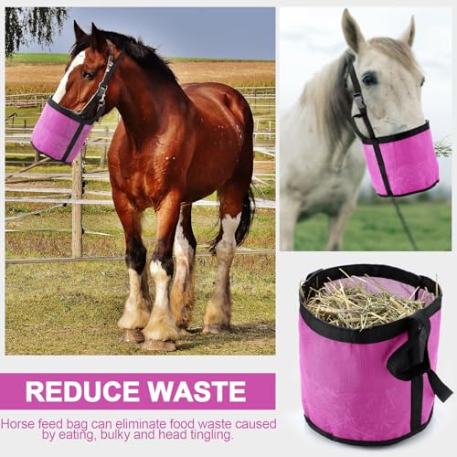 2 Pcs Horse Feed Bag, Heavy Duty Mesh Feeder with Adjustable Strap, Pink | Hay Bag, Grazing Muzzle, Slow Feeder, Trail Riding, Stall Use, Equine, Waterproof Bottom, Breathable Mesh, Padded Neck - color: Pink