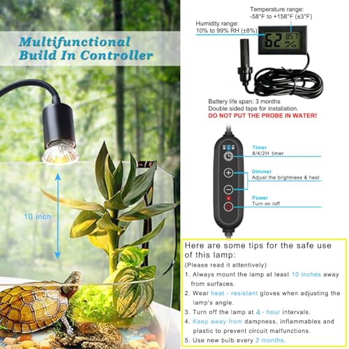 Dimmable Reptile Heat Lamp with Timer + 75W UVA UVB Light Bulb, Basking Spot Light Simulated Sunlight, Heating Lamp for Turtle, Lizard, Snake, Beared Dragon, Amphibians