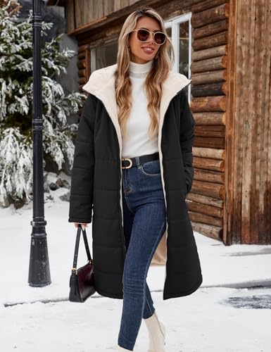 Yusongirl Women's Reversible Long Winter Puffer Coat with Hood and Fleece | Two wearable sides for winter commutes, school runs and city errands, with quilted warmth, soft fleece, a hood and pockets - color: Black, size: XX-Large