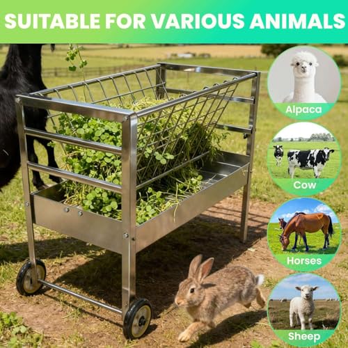 Rolling Hay Feeder with Grain Trough for Goats and Sheep 2 in 1 Freestanding Livestock Cart on Wheels Heavy Duty Galvanized Steel Construction Easy Move Across Pasture or Barn Floor