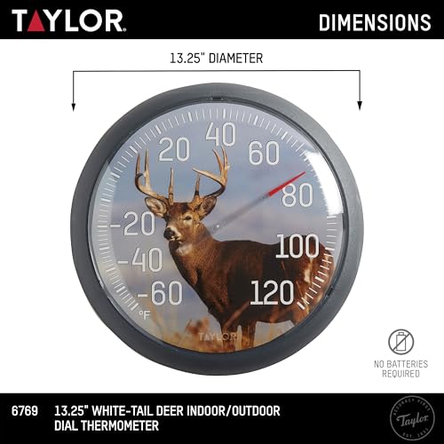 Taylor White Tail Deer Large Indoor Outdoor Dial Thermometer, Wireless Thermometer with Easy to Read Large Numbers for Patio, Pool, Garden or Garage, and Indoor Areas, 13.25-inch, White Tail Dee, Blue - style: White Tail Deer