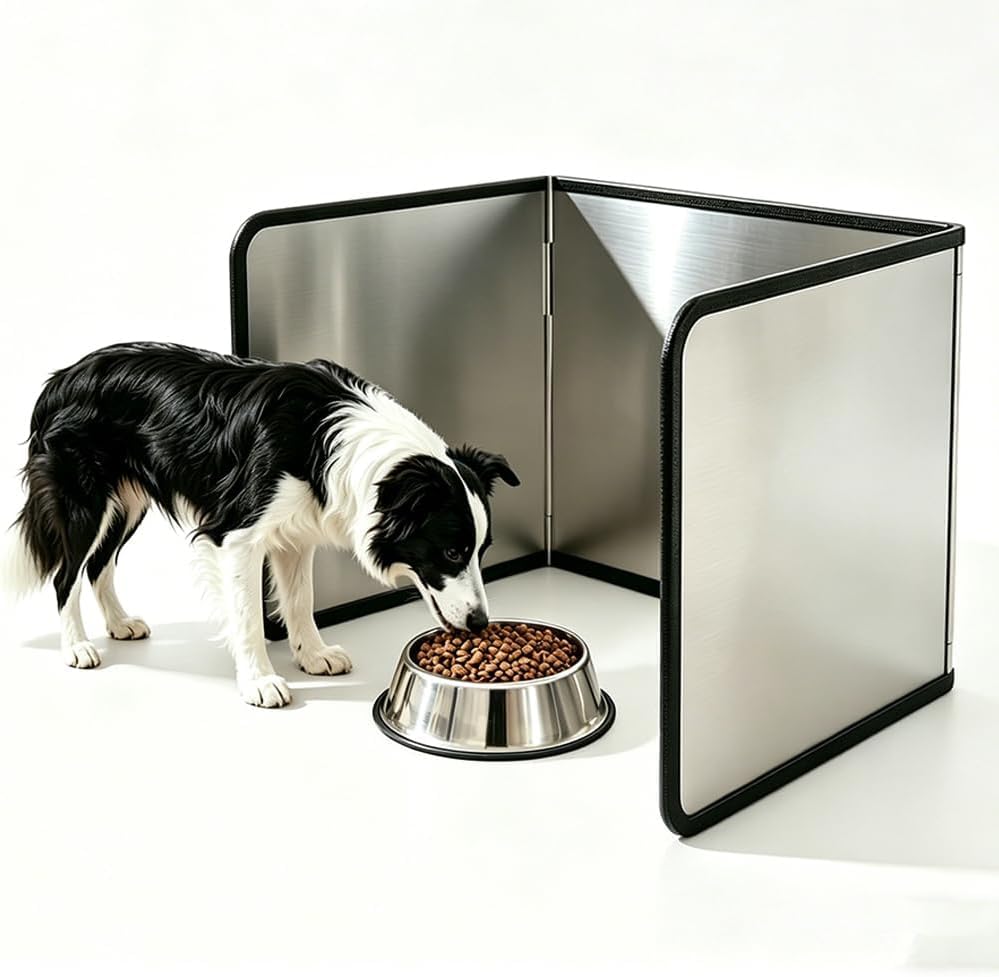 Foldable Stainless Steel Cat & Dog Splash Guard – Black Foam Strap & Edges, Food & Litter Spill Protector for Messy Eater Pets, Walls & Floors & Kitchen (15.7 * 11.8 in-2 Sises) - size: 15.7*11.8 in-2 Sises