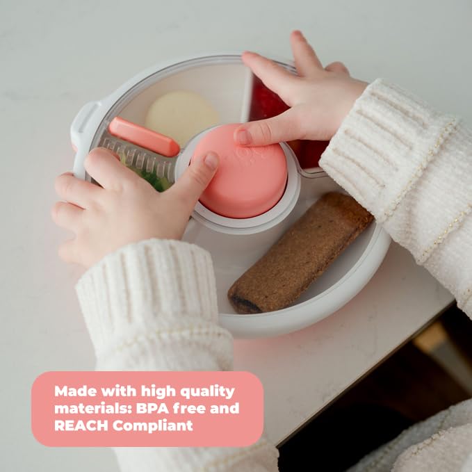 GoBe Kids Small Snack Spinner Slide Bundle with Hand Strap and Sticker Sheet - Reusable Snack Container with 5 Compartment Dispenser and Lid | BPA/PVC Free | Dishwasher Safe | No Spill - Taro Purple | Bundle with Hand Strap & Stickers, Reusable Snack Cont