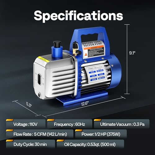 VIVOHOME 110V 1/2 HP 5 CFM Dual Stage Rotary Vane HVAC Air Vacuum Pump | AC Vacuum Pump for Home Automotive Air Conditioner R134a R12 R22 R502 R410a AC System with Oil Bottle - color: Blue, size: 5 CFM