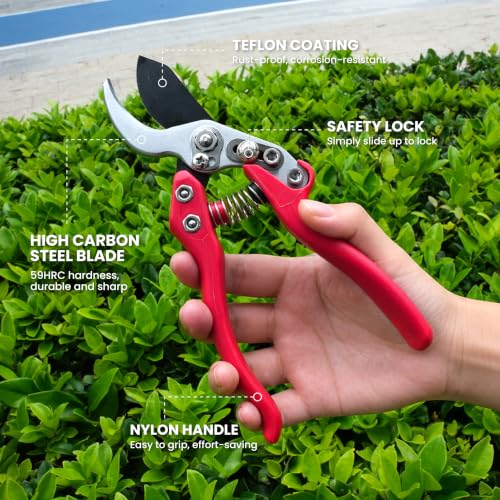 AGRICUT 7" Pruning Shears Heavy Duty Professional, Made of Japanese SK5 Steel Blades, 1 Cut Capacity, Bypass Hand Pruners Garden Clippers for Tree Flower Branch Trimming, S20P - style: Nylon Handle, High Carbon Steel PRO