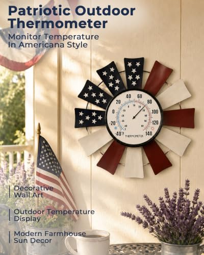 Patriotic Windmill Outdoor Thermometer, 13" Metal Wall Decor | 6.3" Easy-Read Dial, Auto-Calibrating Sensor Coil, Battery-Free Operation, -40°F to 140°F Range, Weather-Resistant