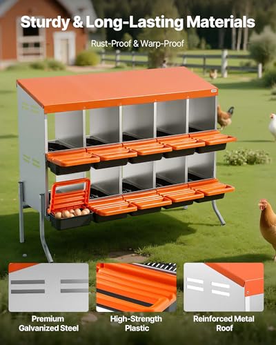 VEVOR Chicken Nesting Boxes, 10 Compartments, with Support Legs, Easy Egg Collection, Galvanized Steel and High-Strength Plastic, Roll Away Nesting Boxes for Chickens and Hens Laying Eggs, Orange - size: 52.0"L x 20.7"W x 39.0"H