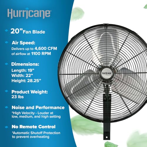 Hurricane Pro Commercial Grade Oscillating Wall Fan, 3 Speeds, Black, 20in | Metal Wall Mount Corded Electric Air Cooling Unit w/ Powerful 4600 CFM Airflow for Home, Garage, Gym, Workshop & Greenhouse - style: 20" Pro Commercial Grade